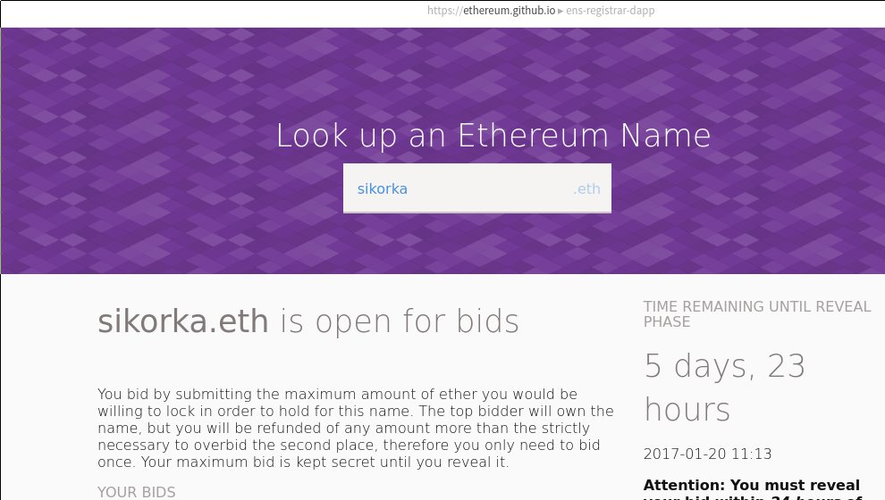 Testing the #ethereum name registry (ENS) by starting an auction for @Sikorkaio using mist and ethereum.github.io/ens-registrar-…. Exciting!