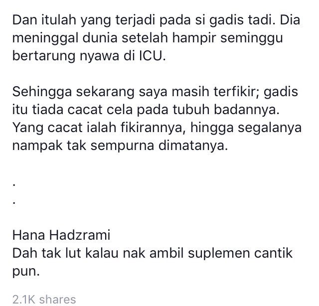 izzahrph's tweet image. To girls yg terlalu obses nak cantik,

'.. gadis itu tiada cacat cela pada tubuh badannya. Yang cacat ialah fikirannya..'

Dr Hana Hadzrami