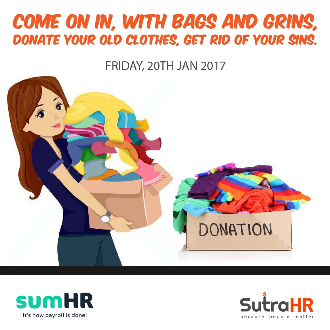 sumHR's tweet photo. Sutra Services is holding a donation drive to give those who are less fortunate. Make them smile :) #Donation #sumHR https://t.co/0bmLw5GSPV