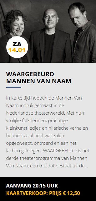 Vanavond zaterdag 14 januari 2017 in ons #theater #Nesterlé in #Nistelrode 20.15 uur "Mannen Van Naam" . #Kaarten: bit.ly/2jatGKd