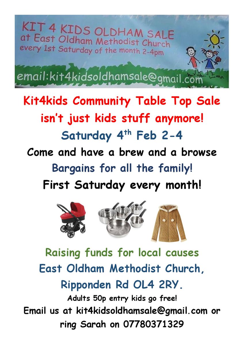 Finundra's tweet photo. @Kit4kidsoldham Monthly Table Top Sale Sat 4th Feb 2-4 East Oldham Methodist Church OL42RY now selling household goods as well as kids stuff https://t.co/jKqx9E5LdD