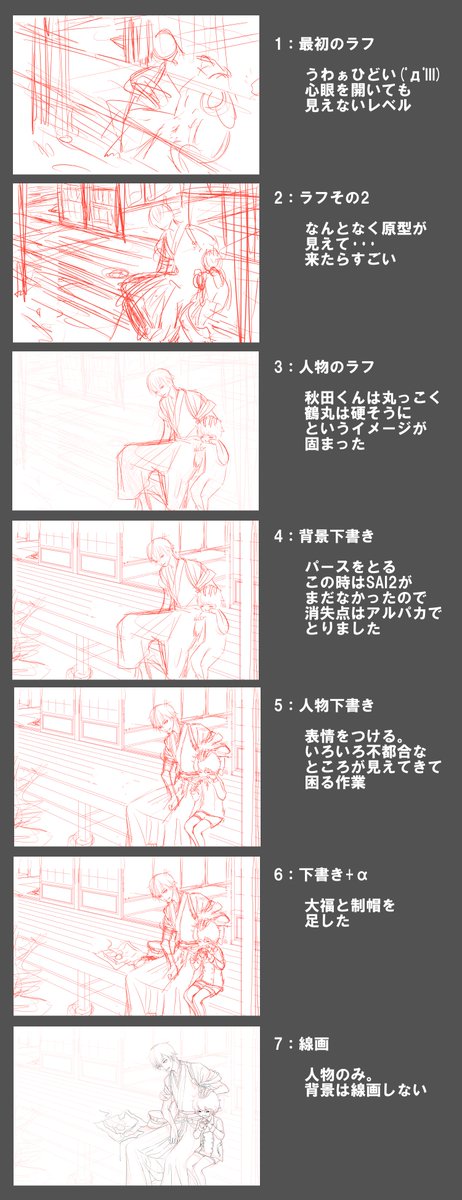 ⑨メイキング
描きながらレイヤをどんどん消すし統合する人なので、メイキングと言えるほどのものは残ってません・・・(TωT)だって消さないと管理しきれないんだもんw
それでもなんとか流れだけざっくり取り出したのが、こちら。 