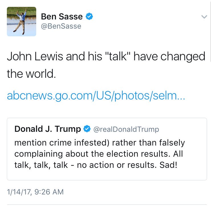 kylegriffin1's tweet photo. One thing that brings politicians from both sides of the aisle together—condemning Trump's attack on John Lewis. https://t.co/PzRmKHYPDj
