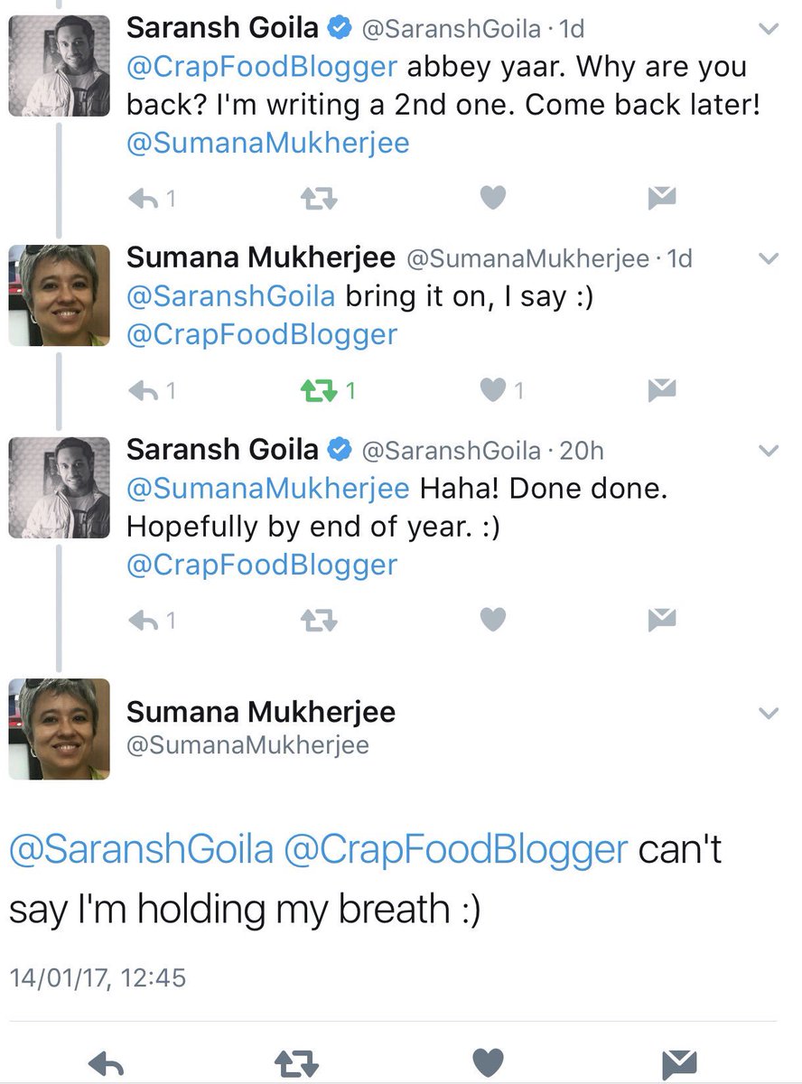 CrapFoodBlogger's tweet image. Can't wait for 'Chef' @SaranshGoila to write his second 'book' so @SumanaMukherjee can rip it apart. Bro Saransh doesn't understand sarcasm