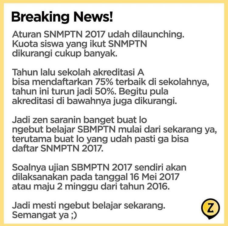 zeniuseducation's tweet photo. Reminder lagi, nih, buat yang mau ikut SNMPTN! SEMANGAT, yaa, semuanya! ✊🏻 https://t.co/WTO4ecqeAn