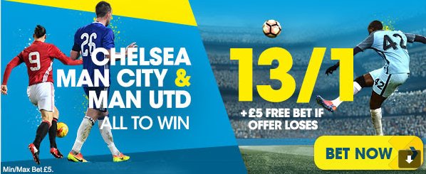 OurFreeBets4U's tweet photo. New Customer Offer Betbright - 13/1 on #Chelsea #manutd &amp; #ManCity all to win this weekend --> https://t.co/oQKMV0kOgz
#EPL https://t.co/eofhJcxgbK