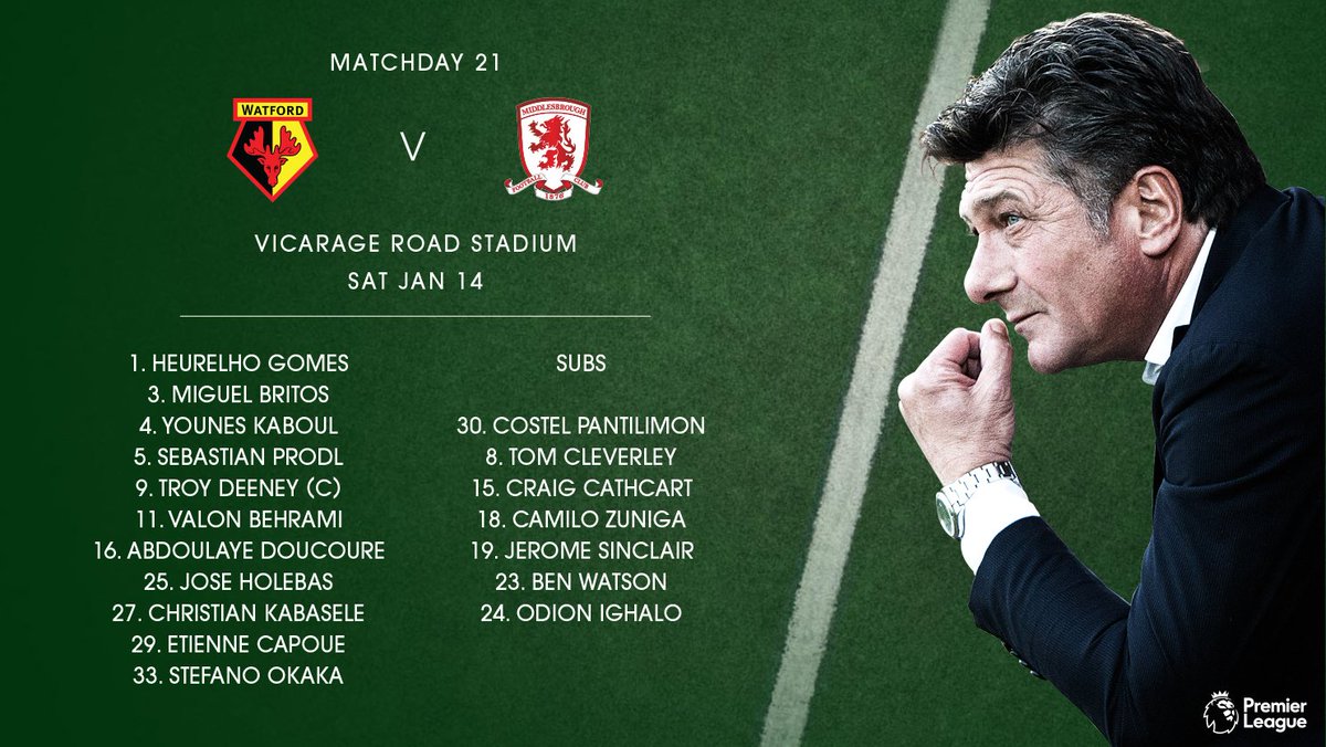 Watford Football Club (@WatfordFC) on Twitter photo 2019-07-18 09:03:05 #watfordfc starting XI v @Boro: Gomes (GK); Kaboul, Prödl, Britos; Kabasele, Doucouré, Behrami, Capoue, Holebas; Deeney (c), Okaka. #watfordfc starting XI v @Boro: Gomes (GK); Kaboul, Prödl, Britos; Kabasele, Doucouré, Behrami, Capoue, Holebas; Deeney (c), Okaka.