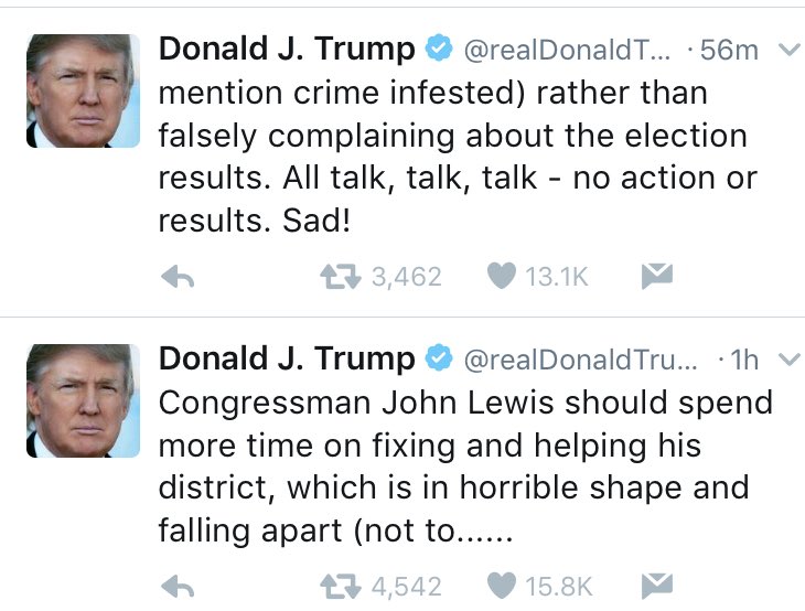 Yes, the President-elect, on MLK weekend, says freedom rider, SNCC coordinator & civil rights icon John Lewis was 'all talk' and no action.