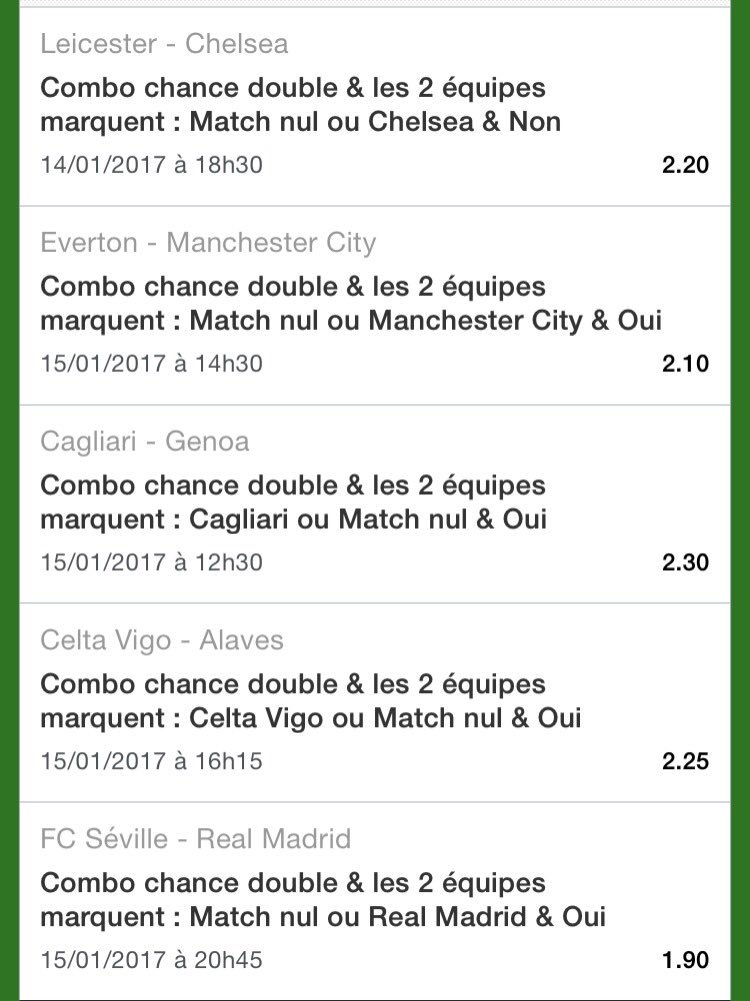 Lawizzzz's tweet image. Combos ⚽️ :

- 5 m. CT 13
- 6 m. CT 31
- 6 m. CT 33
- 5 m. CT 45

#TeamParieur #Unibet 💰 🍀