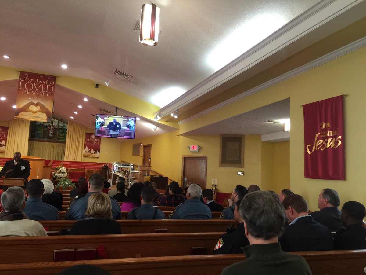 MonCoProsecutor's tweet photo. @redbank_nj #policeofficers sit together at Pilgrim Baptist Church during Community &amp; Law Enforcement Conversation #MCPONJ #FriendshipForce https://t.co/52FsnINR8w