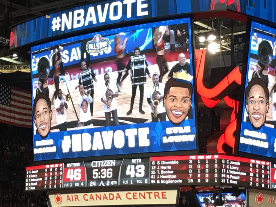 topherstott's tweet photo. Fun hit with the @HitmenDrumline last night hyping the @NBAAllStar for the @Raptors with Horns along for the ride. #NBAVOTE #nba #drumline https://t.co/4LhC8o2Iem