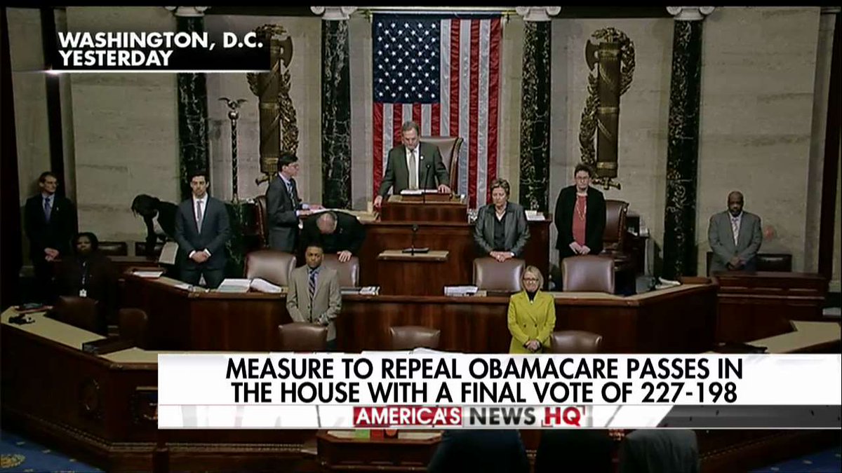 FoxNews's tweet photo. Measure to repeal ObamaCare passes in the House with a final vote of 227-198. https://t.co/DXnyFjbGns