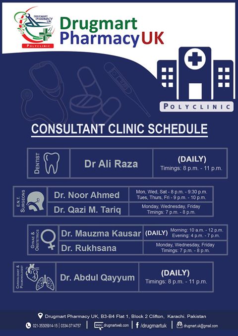 DrugmartUk's tweet photo. DrugMart Polyclinic Schedule &amp; Doctor's Timings !!! https://t.co/l2wXFzveXf