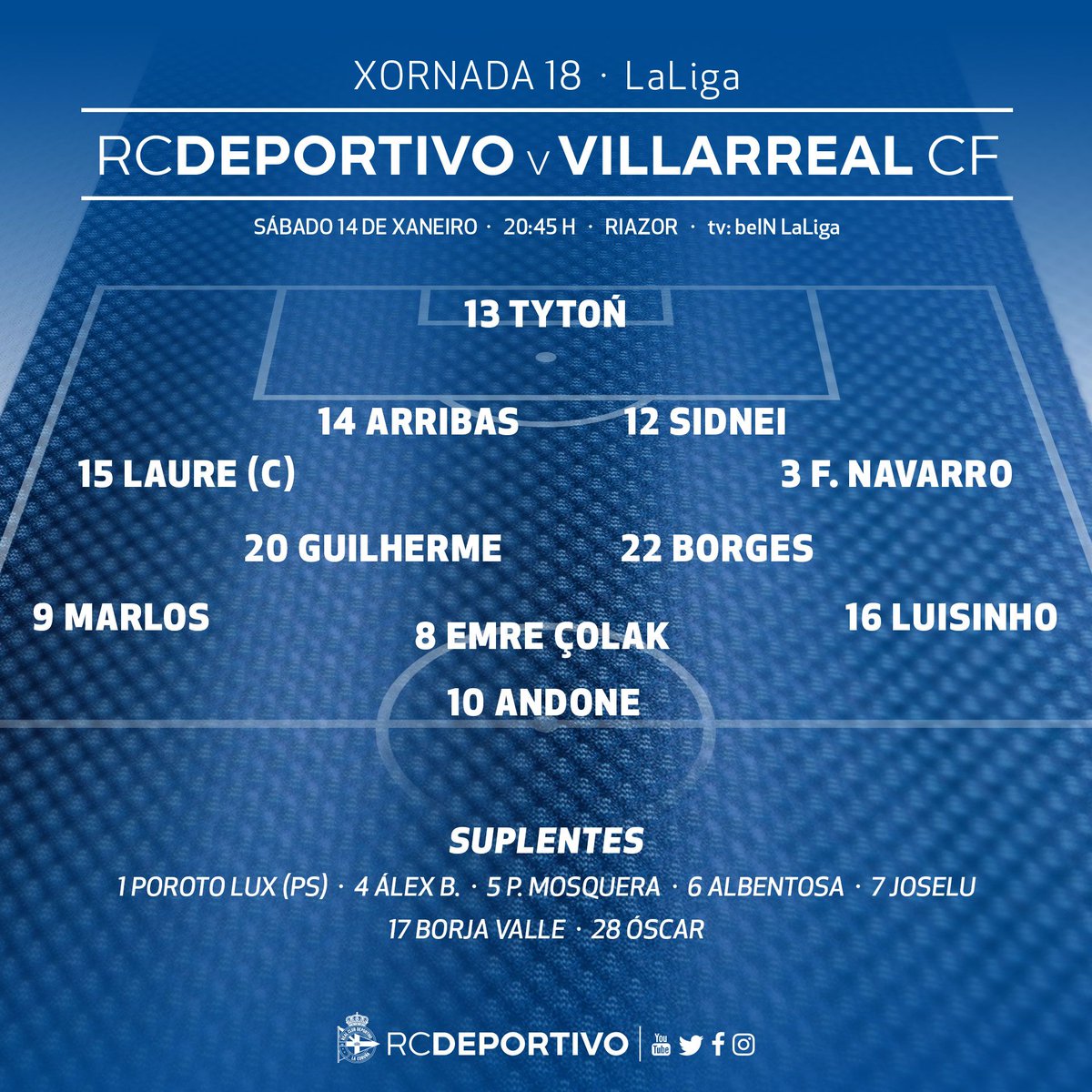 Aliñación d #osnosos para o #DéporVillarreal da 18ª xornada de <a href="/LaLiga/">LALIGA</a>, ás 20:45 en Riazor #DaleDÉ