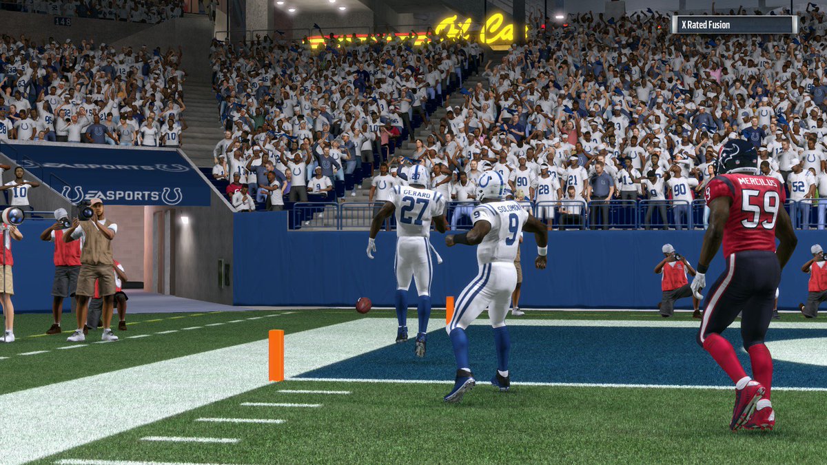 MEE_Colts's tweet photo. Nate Solomon celebrates with fellow rookie RB Shakim Gerard after his 3rd of 4 TDs on the day as the Colts win against the Texans, 28-14. https://t.co/KjyvktE8pb