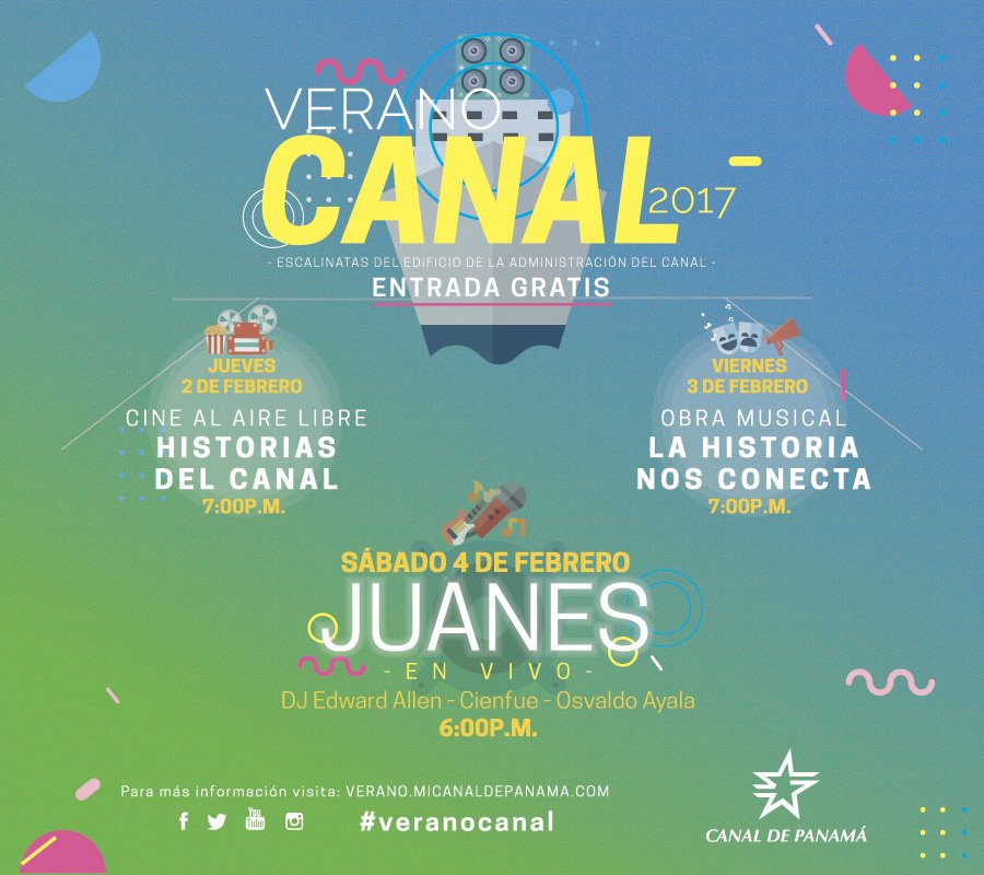 canaldepanama's tweet photo. ¡Ya llegó el #VeranoCanal! Te esperamos el 2, 3 y 4 de febrero en las Escalinatas del Canal. Más info en https://t.co/l5JdBiuQwt https://t.co/PWTTBwuhi2