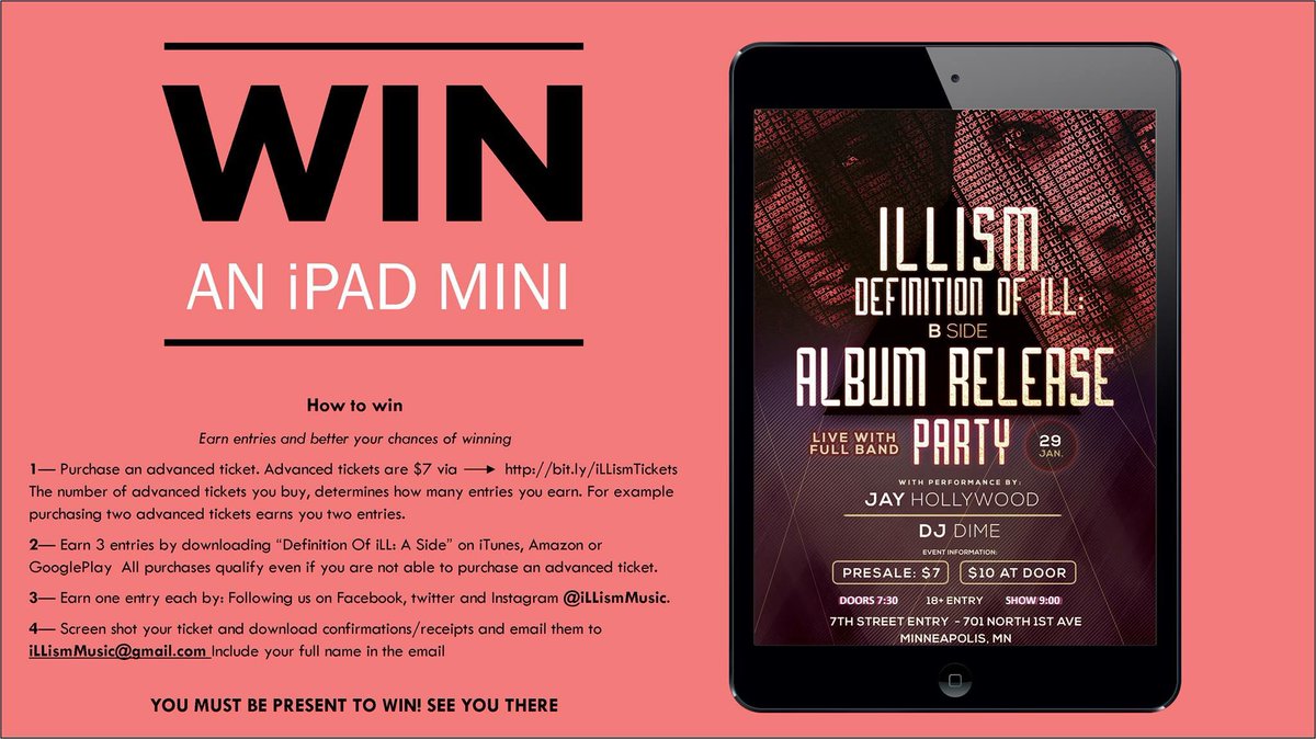 iLLismMusic's tweet photo. Win an iPad mini at the Definition of iLL album release party on January 29 at 7th St. Entry!!!! https://t.co/X1r20FAF8u