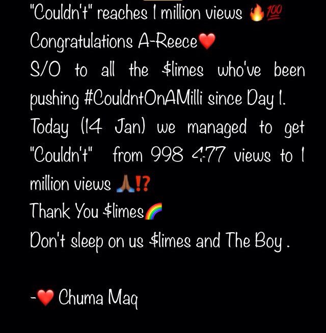ChumaMaq's tweet photo. #CouldntHitsAMilli
#CouldntOnAMilli
#theslimesdoingthings
#COULDNTISAMILLI
@reece_youngking β€οΈβπ½
@Ambitiouz_Ent π₯
We Did it $limes https://t.co/9JMXlmDQ2B