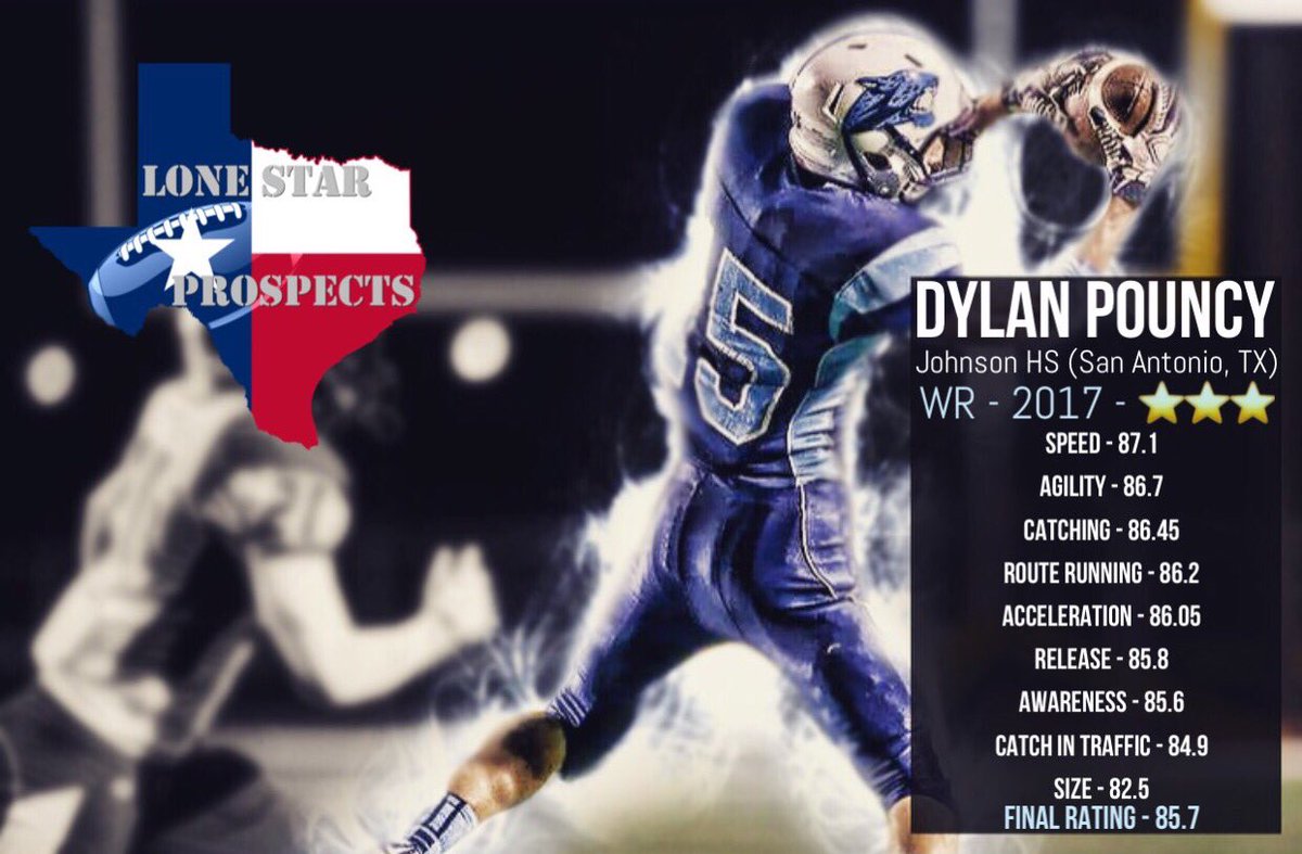 Evaluation scores and film for 2017 WR Dylan Pouncy - ⭐️⭐️⭐️ - Johnson HS (San Antonio, TX) 

hudl.com/video/3/446785…