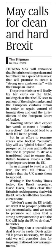 ReutersJamie's tweet image. Hold on to your hats.
Theresa May to go for hard Brexit, her staff expect speech next week to cause a &quot;market correction&quot; - @ShippersUnbound