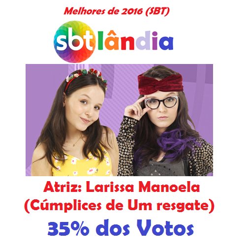 SBTlandia's tweet photo. RESULTADO: Melhores de 2016 (SBT): https://t.co/RH5ostWbJO  #MelhoresDe2016 #SBT #BlogSBTlandia #SBTista #LarissaManoela #Cumplices #jolari https://t.co/19eP9PtxZG