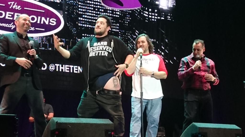 Booblehum's tweet photo. Caption this?! Love you guys! See you in October 😆x @Joe_Gatto @SalVulcano @BQQuinn @jamessmurray  @truTVjokers https://t.co/MUnrZJaAHX