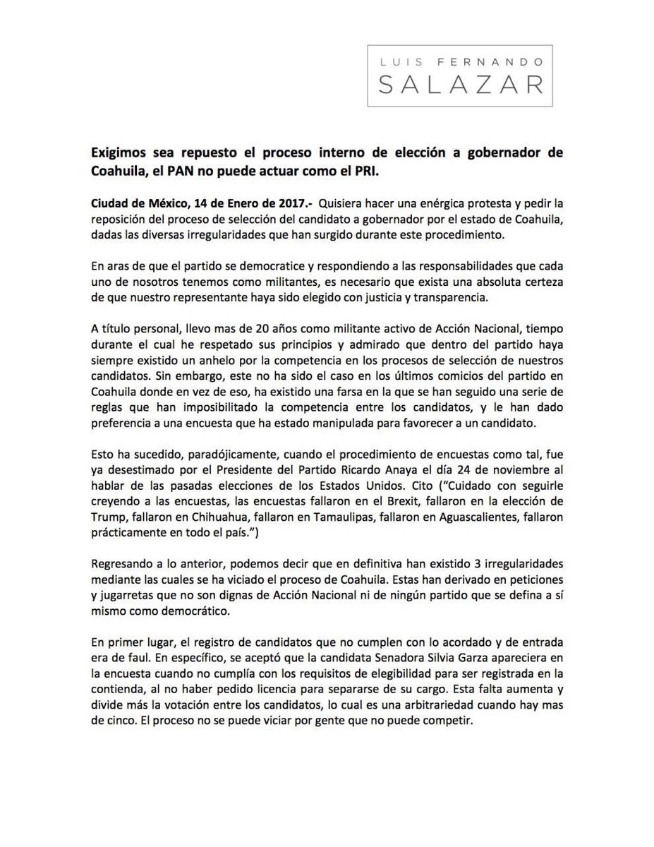 SalazarLuisFer's tweet photo. Exigimos sea repuesto el proceso interno de elección a gobernador de Coahuila, el PAN no puede actuar como el PRI. https://t.co/aLeIjzYHgj