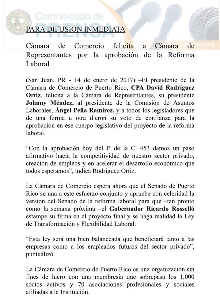 mlugo_j's tweet photo. La #CámaradeComercio felicita a la @CamaraPNP y su presidente @JohnnyMndez2016 por la aprobación de la #ReformaLaboral #PC453 https://t.co/wjpD6osqlh