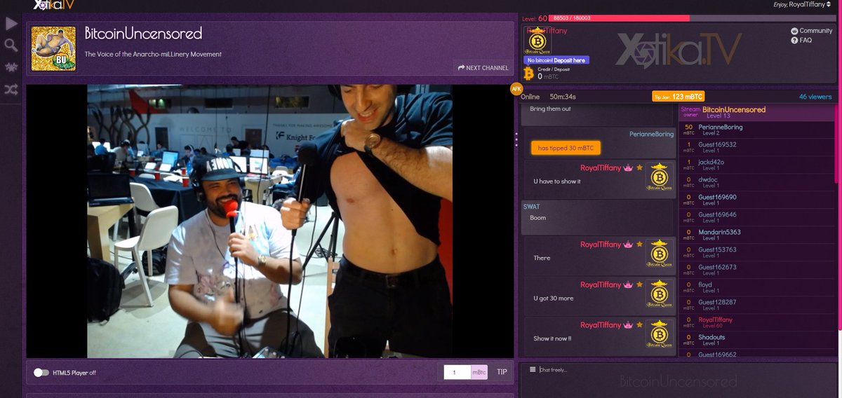 TiffRoyal's tweet photo. Exclusive on @XotikaTV with @derosetech @junseth !! @ToneVays shows the nip for #btc https://t.co/EwF1Qz3s28