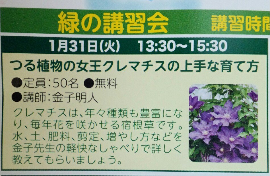 おいでよ カシワニ 千葉県立柏の葉公園では 1月31日13時30分から 緑の講習会 つる植物の女王クレマチスの上手な育て方 を開催 講師は Nhk趣味の園芸 等でも有名な 金子明人氏 柏で直接聴ける大チャンス 興味のある方は急いで申し込んで 千葉