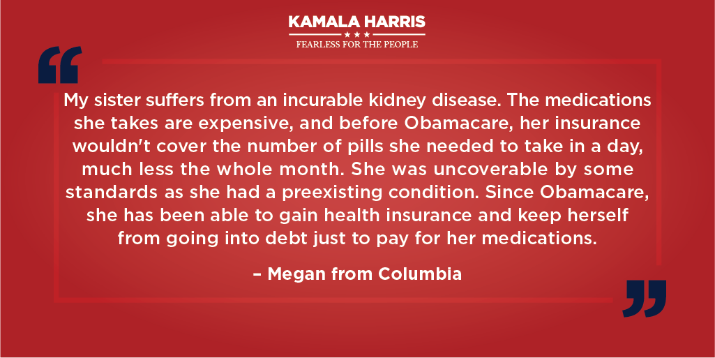 KamalaHarris's tweet image. We cannot go back to the way things were before the Affordable Care Act. Millions of lives are at stake.