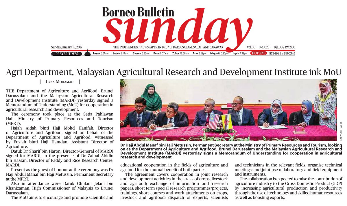 mardimalaysia's tweet photo. Agri Department of Brunei Darussalam, MARDI ink MoU -  Borneo Bulletin Sunday, Brunei - 15/1/2017. #betterMARDI #OurFoodOurFuture #agrifood https://t.co/D0IQGVgcVg