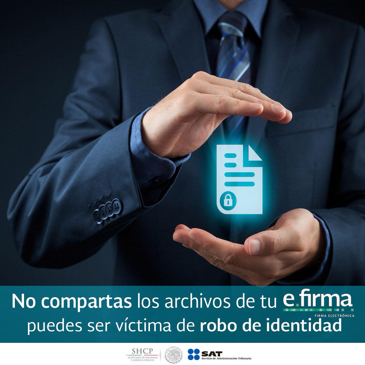SATMX's tweet photo. No te dejes engañar, no compartas tu e.firma y contraseñas a cambio de dinero. Evita ser víctima de usurpación de identidad. https://t.co/bRZdmBCMz5