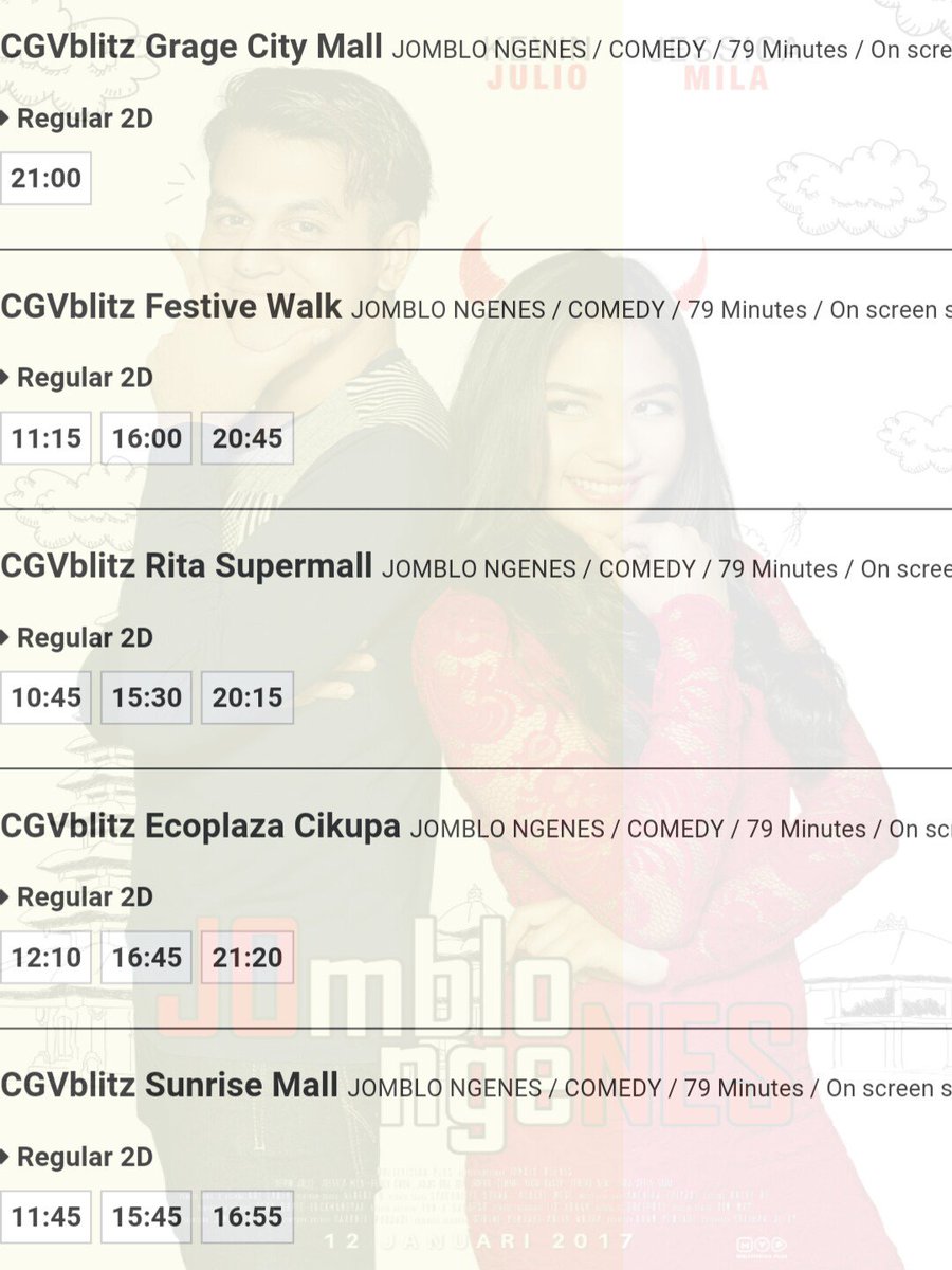 fadlipasaribu's tweet photo. Jadwal film JOMBLO NGENES hari ini di bioskop2 @CGV_ID &amp; @PCineplex
cc @Jscmila @kvinjulio @fendychow https://t.co/SOy2j2xPdX