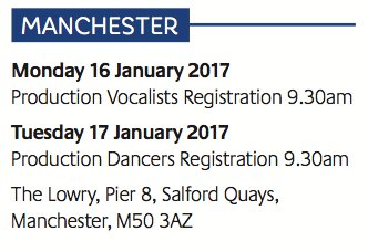We will be at The Lowry, Manchester on Monday and Tuesday auditioning for Production Vocalists and Dancers. #openauditions #auditions