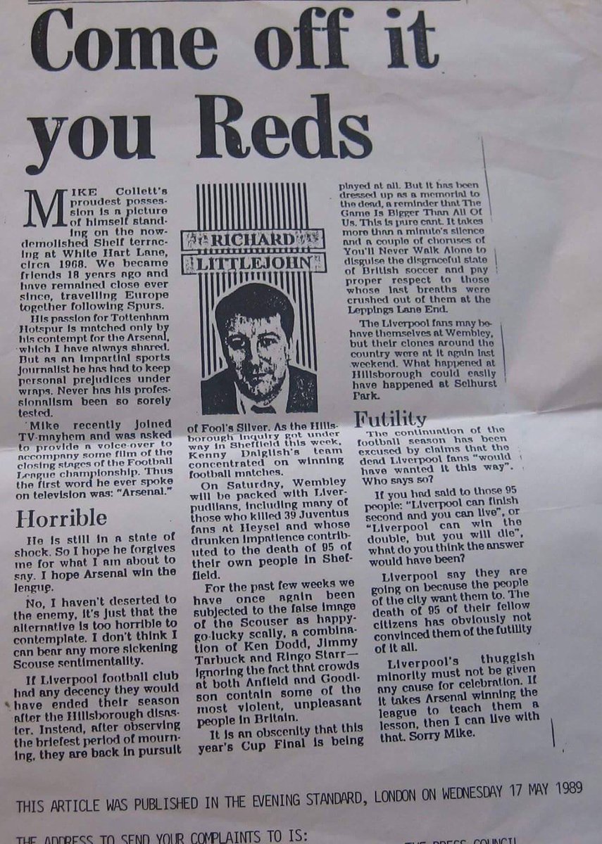 TheHoodedClaw66's tweet photo. Never forget those that where quick to point fingers and blame us 

#RichardLittleJohn #EveningStandard #LFC #HillsboroughDisaster #JFT96 https://t.co/AgFQR1sZC8