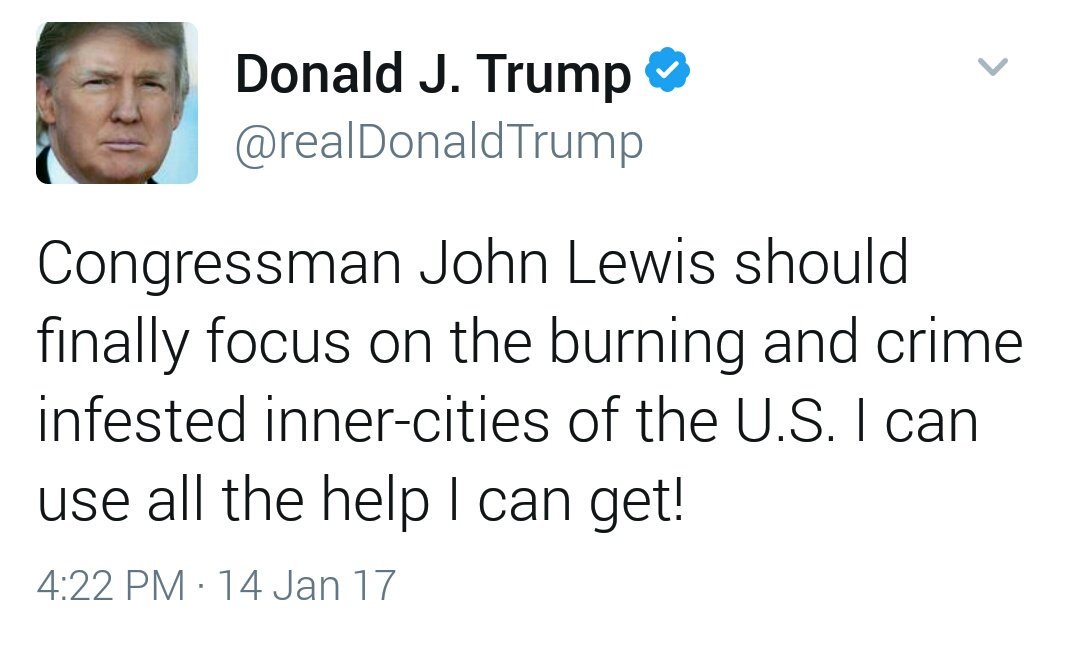 feastorafamine's tweet photo. #JohnLewis
#Peeotos π
Generalize/insult POC based on race #racism
Stereotype inner cities #Classism
On #MLK weekend
Unconscionable bigot https://t.co/vPMIYOTK1e