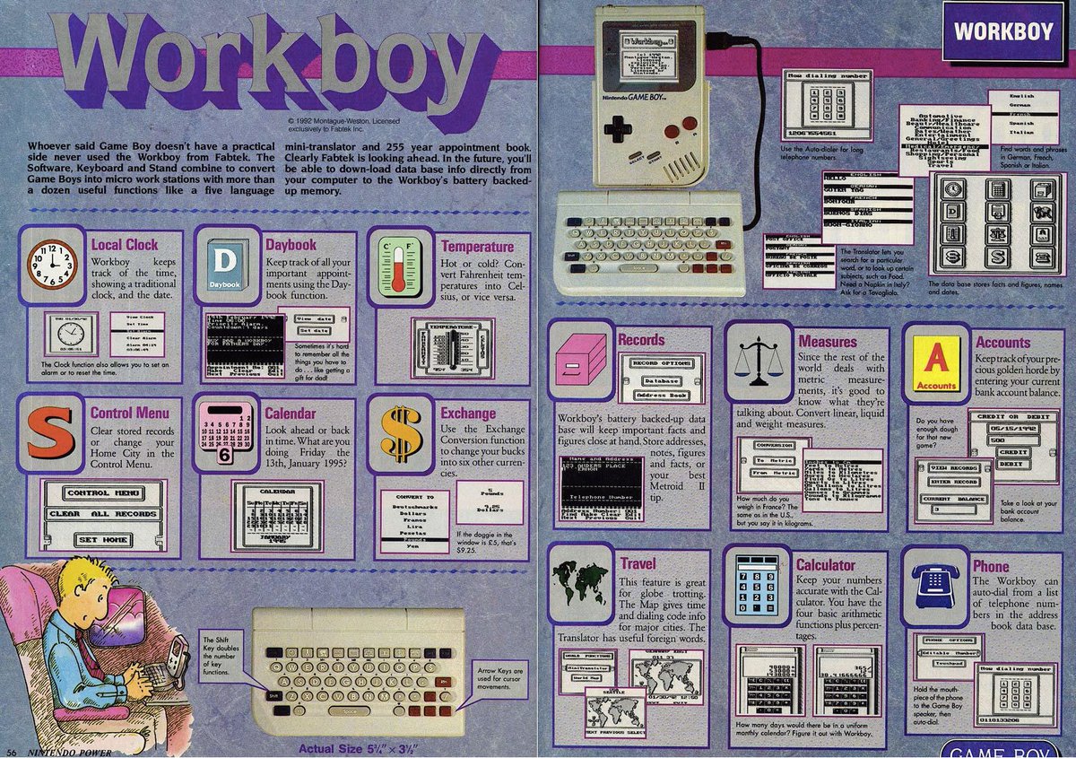 NintendoMemo's tweet photo. How to (almost) turn your Game Boy into a Workstation in 1992. #WorkBoy #unreleased https://t.co/0Kxceudrdt