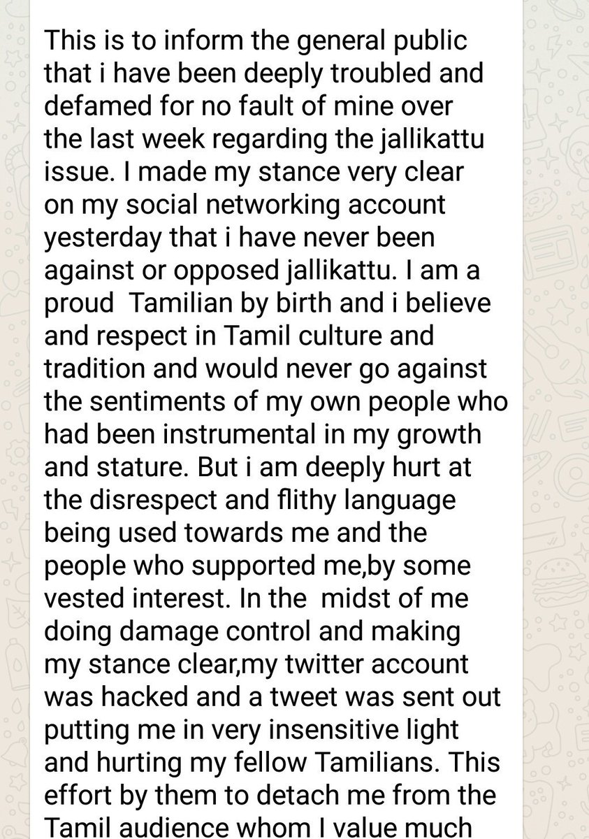 SurendharMK's tweet photo. Official statement from @trishtrashers is here. #Trisha #Jallikattu "I would never go against the sentiments of my own people" https://t.co/Ki4DnCoBOy