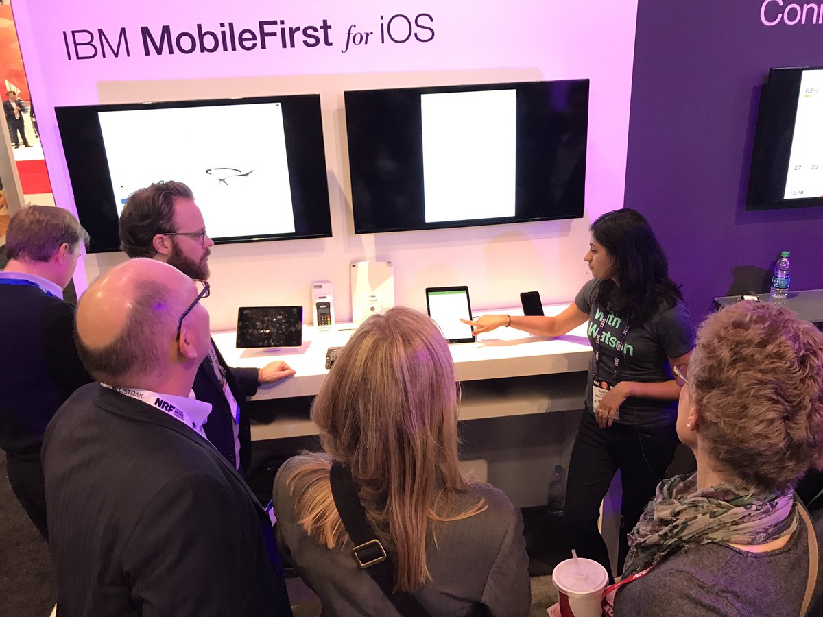 WyattJU's tweet photo. Just getting a little bit busy at the #IBM booth near the #MobileFirstforiOS area at #NRF17 https://t.co/Wq4GRshDRJ