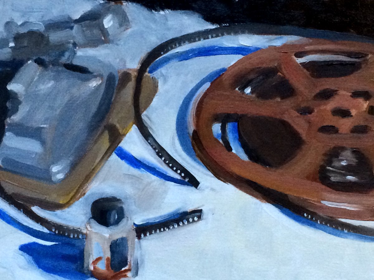 jratcliffeart's tweet photo. "Reel Editing," dad's editing suite. 8x10 #oilpainting #ratcliffefineart #filmediting #8mm #homemovies #stilllife https://t.co/iMxjNQ45Vm