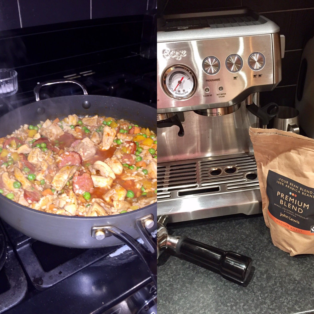 Howyf's tweet image. Chicken &amp;amp; chorizo paella and a new bag of coffee beans 😋😋😋 happy Sunday night !