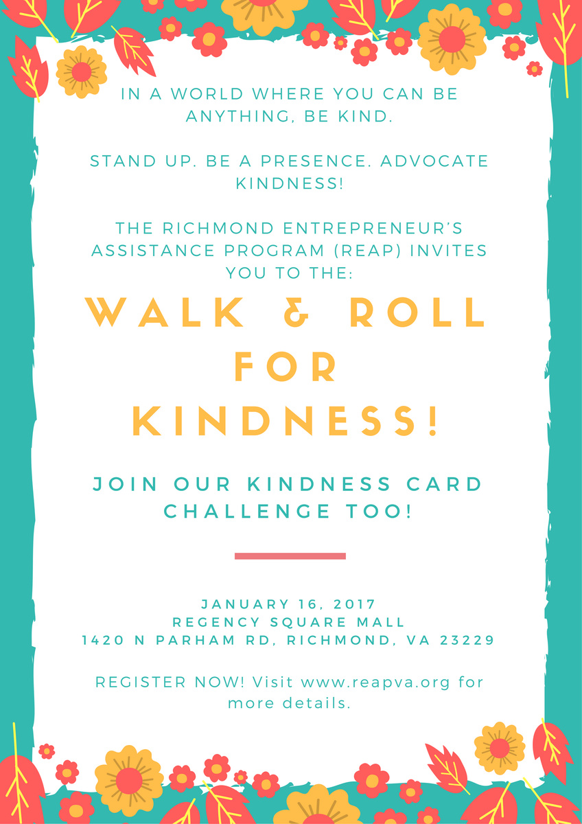 REAPRVA's tweet photo. Are y'all ready? We know we are! REAP Walk &amp; Roll for Kindness! January 16, 2017 at Regency Square @ShopRegencySq! #REAPKindnessCampaign https://t.co/AX4STKMmS0