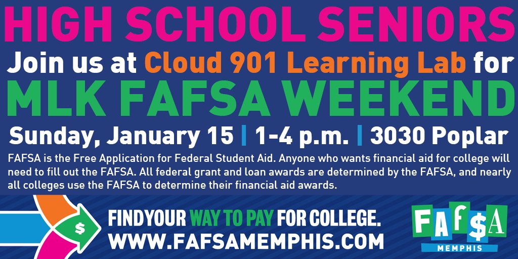 GraduateMemphis's tweet photo. Your #FAFSAMemphis crew is ready to help @SCSK12Unified seniors complete the #FAFSA! Join us @Cloud901TeenLab today! https://t.co/YRPcIijxNC