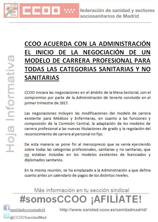 zupo21's tweet photo. .@CCOOSanidadMad acuerda con Consejería #Sanidad inicio negociación modelo #CarreraProfesional para todas categorías #Sermas @jsanchezmartos https://t.co/bTzfuglPcm