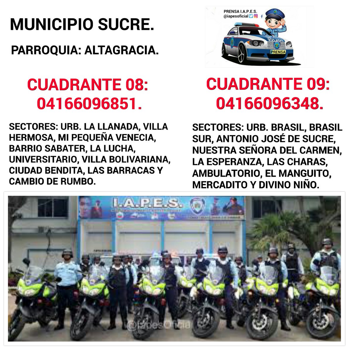 IapesOficial's tweet photo. #IAPES Coloca a su disposición el número del cuadrante 08 y 09 en #Cumaná. https://t.co/FKNn3fuytP