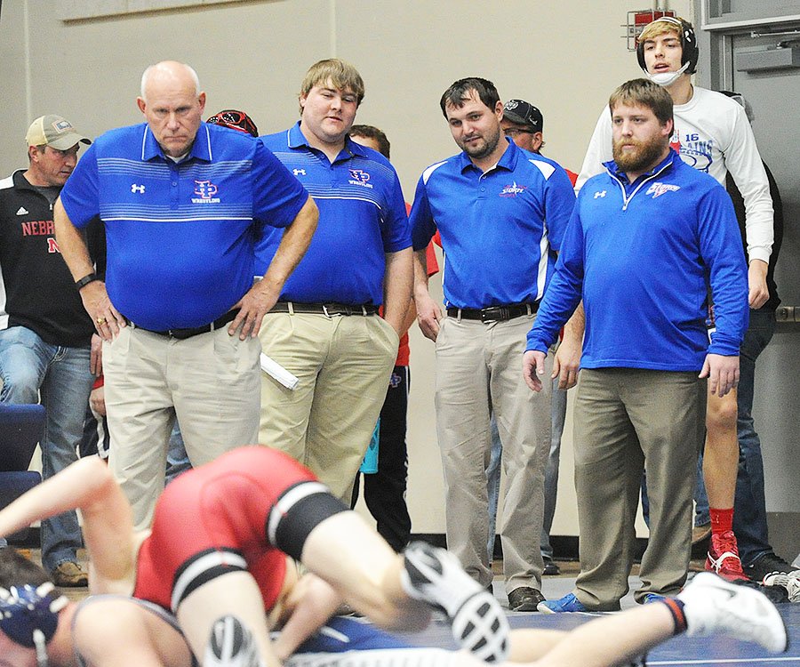 HuskerlandBob's tweet photo. The High Plains Community wrestling brain trust. I like to call this the Hall of Famer and his crew. @Kuhn140 @coachverb @HPCSTORM https://t.co/smEx2ODZal