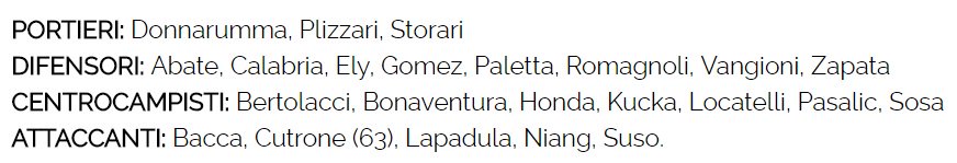 23 pemain yang dipanggil Mr. Montella untuk laga vs. Torino