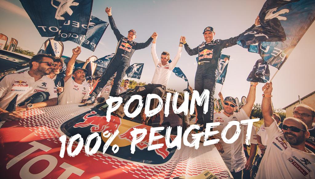 Peugeot's tweet photo. Historical hat trick for Peugeot! Many thanks to the whole team whose efforts have been rewarded threefold. #WeLoveDust #Dakar2017 https://t.co/rkErqruoSU