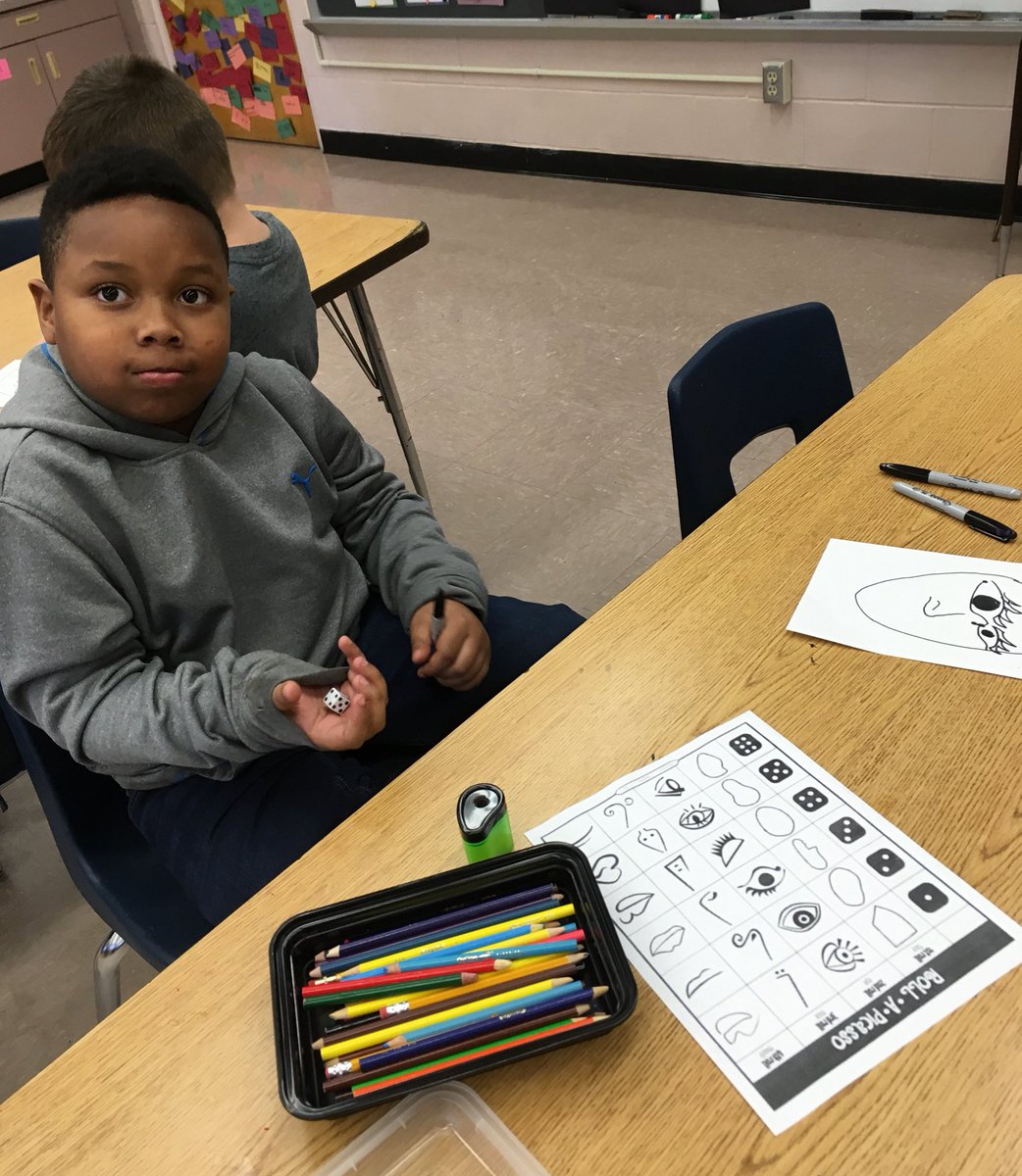 This week our Sharks learned about Pablo Picasso &amp; made their own crazy creations by playing "Roll-the-Picasso!" @SSESPrin <a href="/SevenSpringsEle/">Seven Springs Elem.</a>